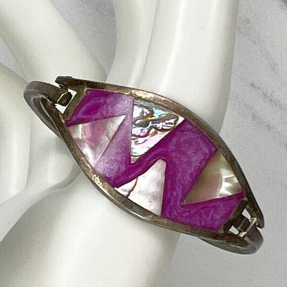 Vintage Mexico Alpaca Silver Abalone Purple Inlay Child's Hinge Bangle Bracelet - Picture 1 of 6